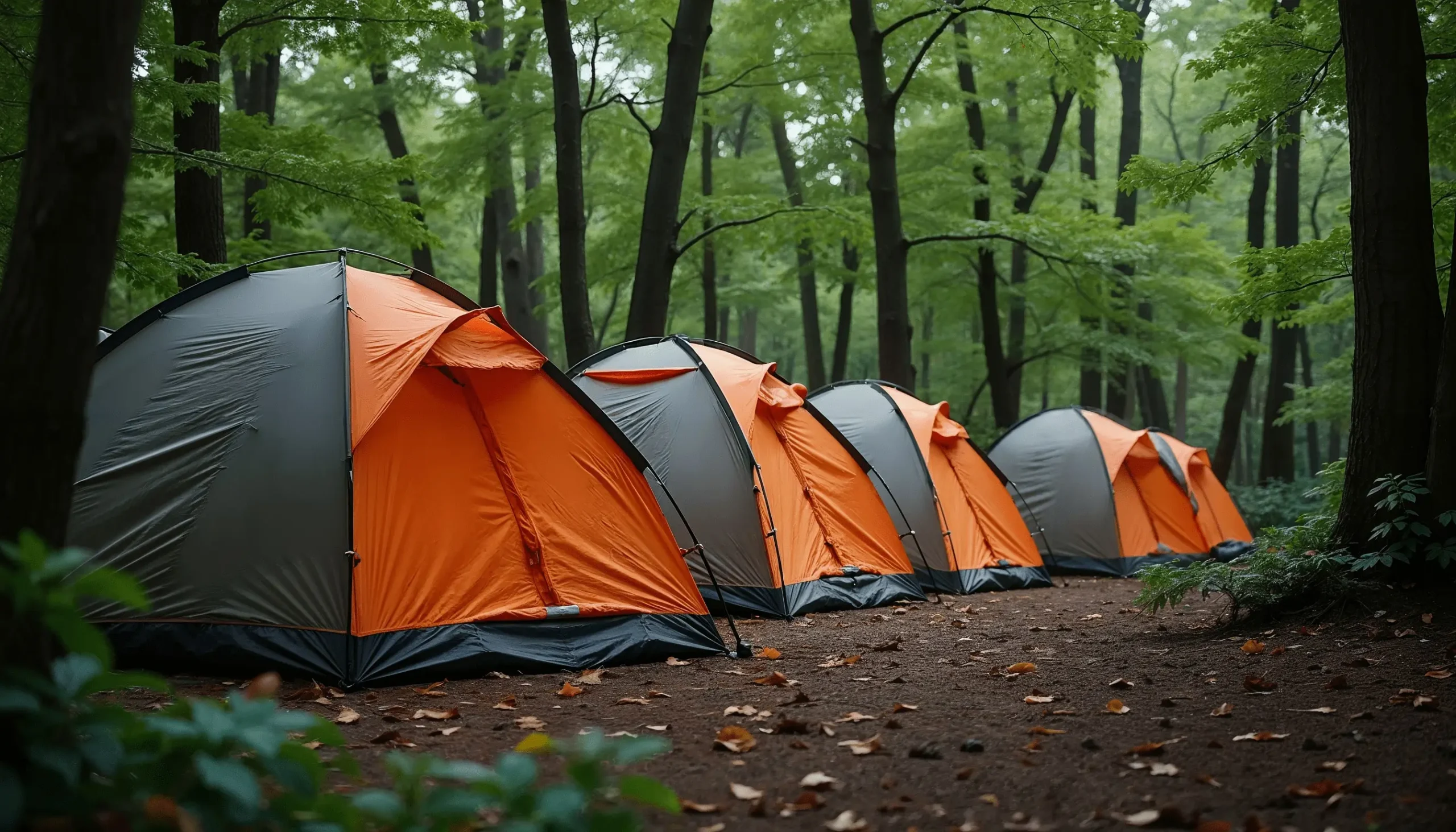 A tranquil campsite nestled deep within a vibrant, green forest. A line of six orange and grey dome tents stretches into the midground, angled slightly to create a sense of depth. Thick foliage, featuring a variety of leaf shapes and shades of green, surrounds the campsite, creating a feeling of seclusion. The ground is covered with fallen leaves and small patches of moss. Soft, diffused light filters through the canopy, suggesting an overcast day. Focus on the textures of the tent fabric and the lushness of the forest environment. The overall mood is peaceful and inviting, emphasizing the beauty of nature and the simple joy of camping.